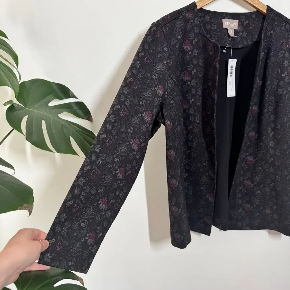 Chico's Floral Open Front Blazer Jacket Women 2 L Black‎ Officecore Career NWT